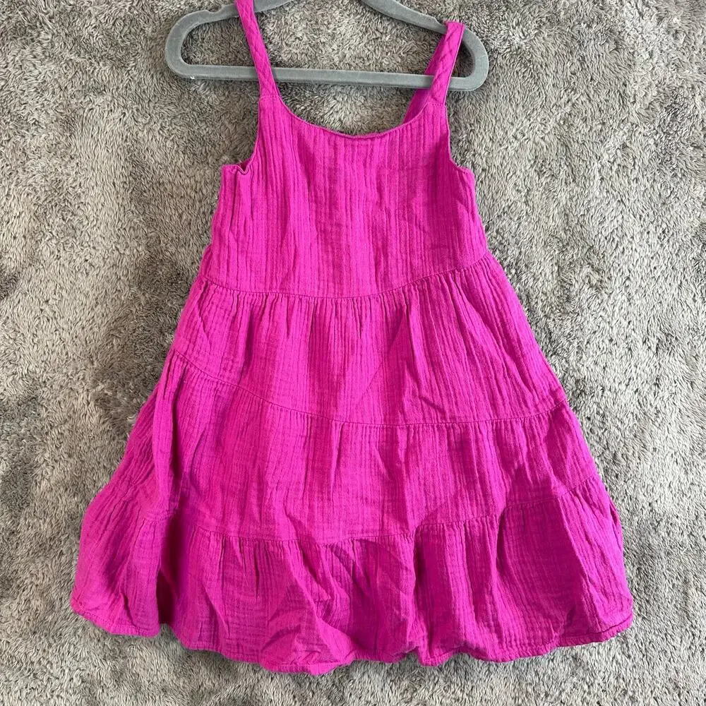 Baby Gap Pink Tiered Dress Toddler Girl 4T Muslin Cotton Sundress Fuchsia
